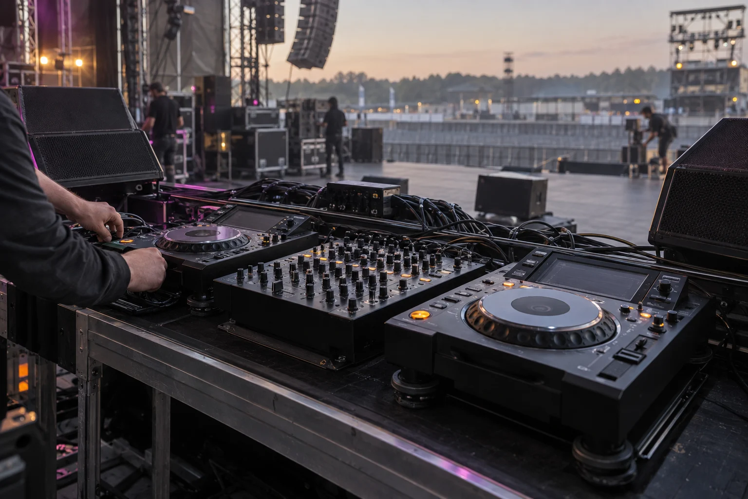 Cabina profesional de DJ durante el advance técnico de un festival electrónico.