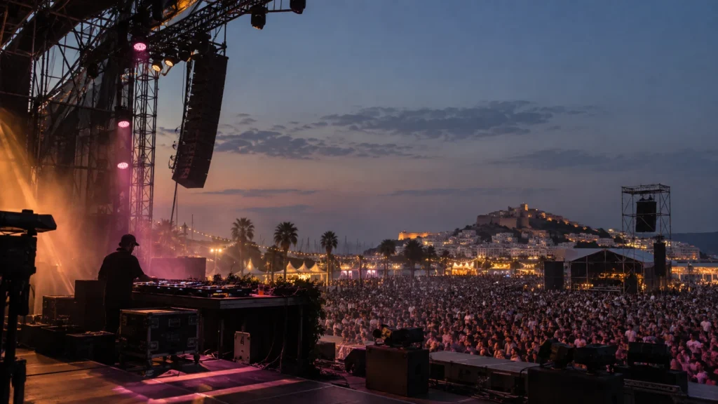 Festival de música electrónica al anochecer visto desde el escenario y la cabina de DJ.