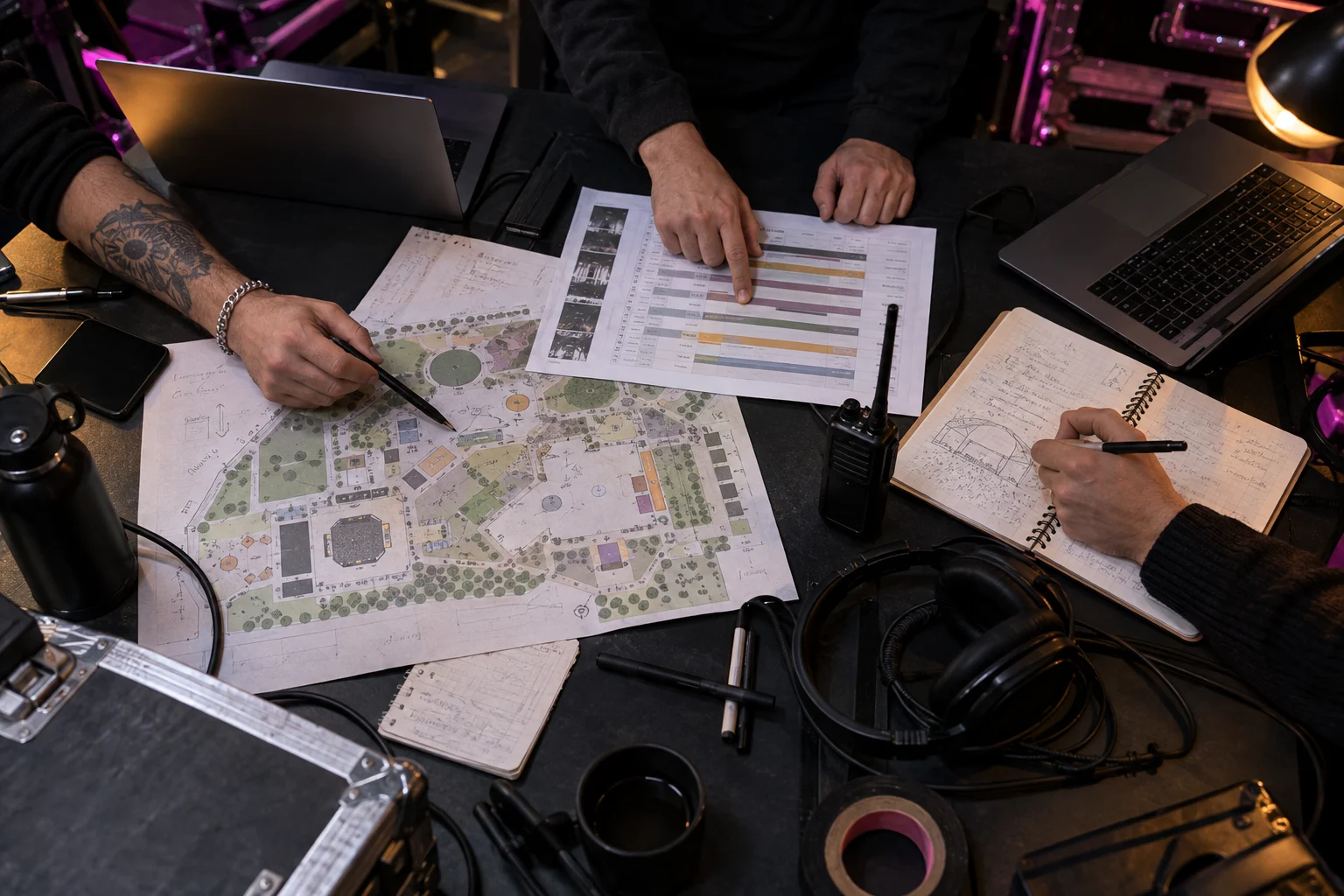 Equipo de booking y producción revisando el plano y el running order de un festival electrónico.